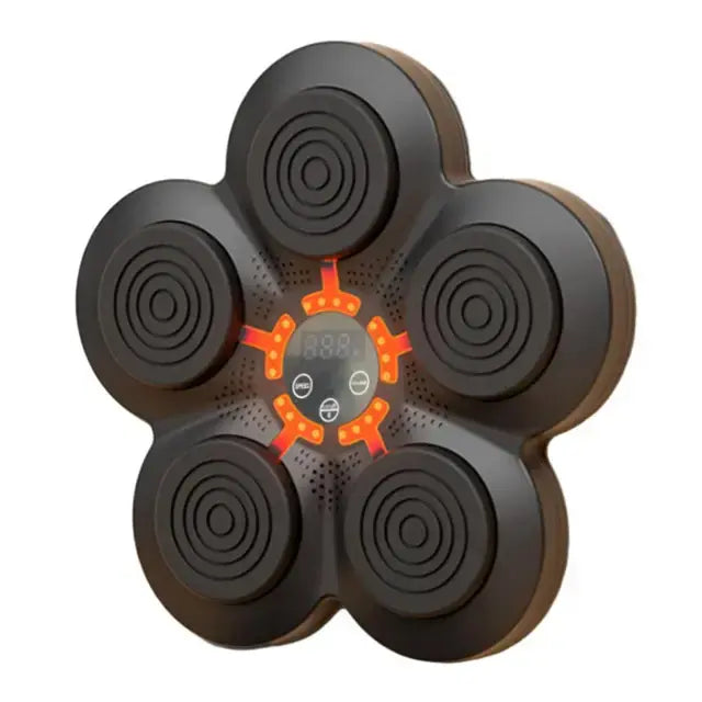 Black electronic device with circular components and digital display on a white background